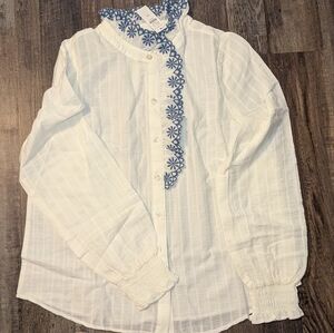 Talbots Cream Blouse with Blue Embroidery